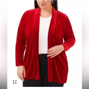 CeCe Shawl Collar Stretch Velvet Open Front Cardigan in Autumn Red‎ XL
